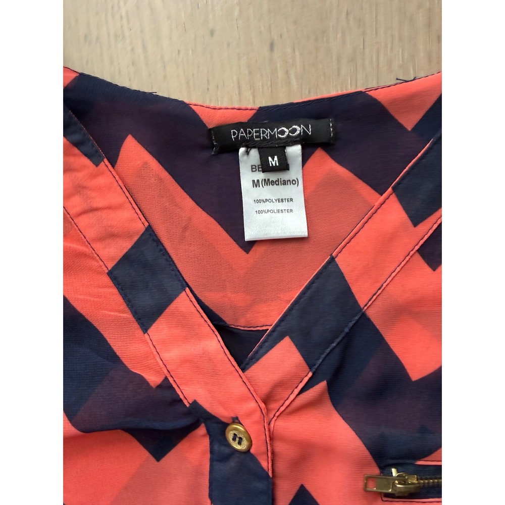 Papermoon Womens Coral Navy Chevron Zig Zag V-Neck Roll Tab Sleeve Blouse M - Picture 3 of 7